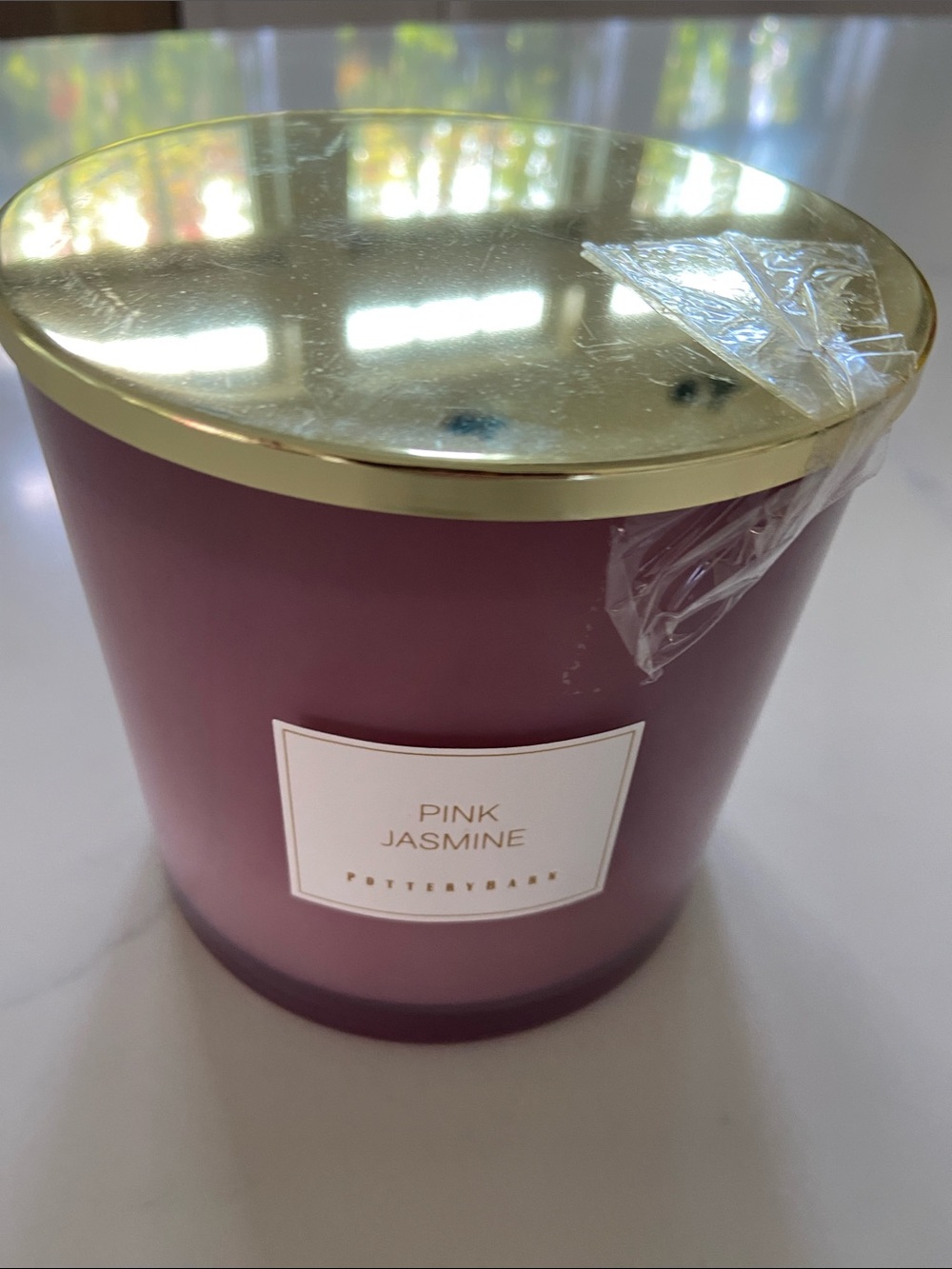 Pottery Barn Pink Jasmine Candle in Rose-Pink Glass with Gold Lid